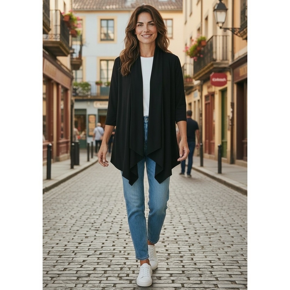 Vtg TanJay Women 2X Black Open Front Draped Waterfall Cardigan 3/4 Sleeve Gothic